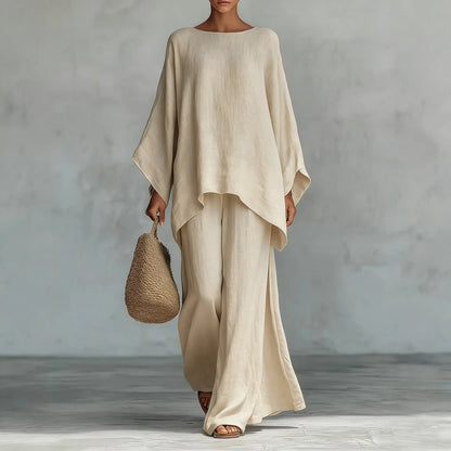 Effortless Linen Wide Leg Set for Women with Round Neck Batwing Sleeve Asymmetrical Hem Two Piece Style