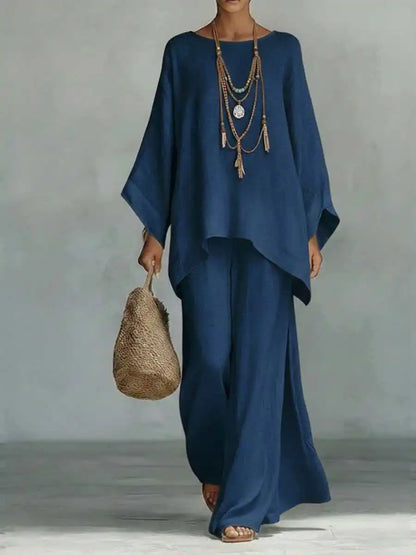 Effortless Linen Wide Leg Set for Women with Round Neck Batwing Sleeve Asymmetrical Hem Two Piece Style