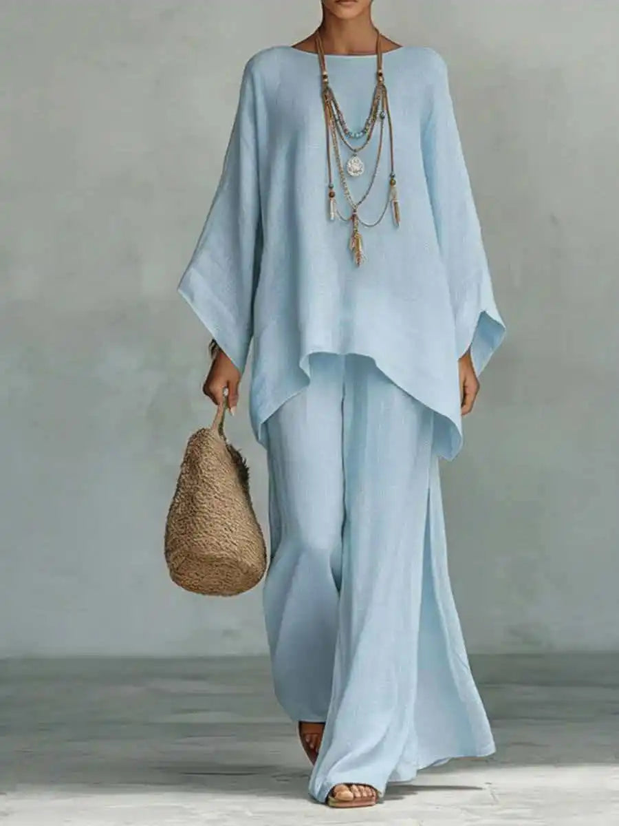 Effortless Linen Wide Leg Set for Women with Round Neck Batwing Sleeve Asymmetrical Hem Two Piece Style