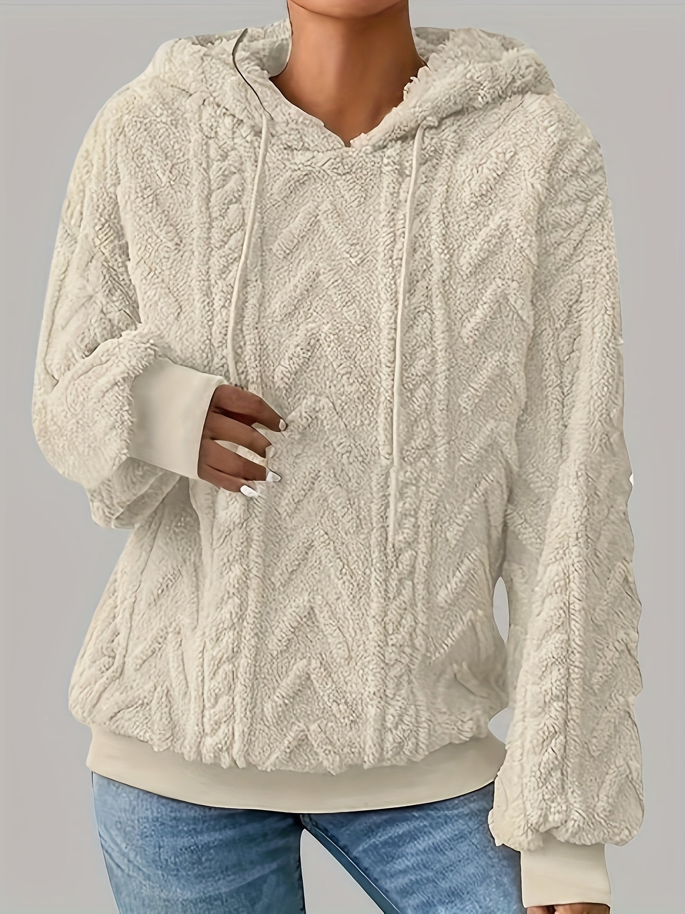 Comfortable Cable Knit Fleece Hoodie for Women with Drawstring Hood Long Sleeve Oversized Cozy Style