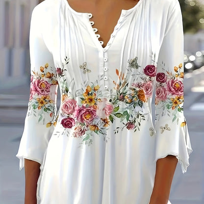 Elegant White Floral Blouse for Women with V Neck Bell Sleeve Button Front Flowing Style