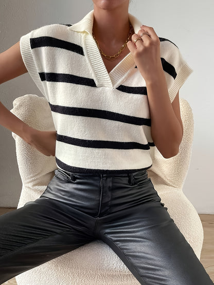 Comfortable White and Black Striped Sweater Vest for Women with Collared V Neck Sleeveless Knit Relaxed Style