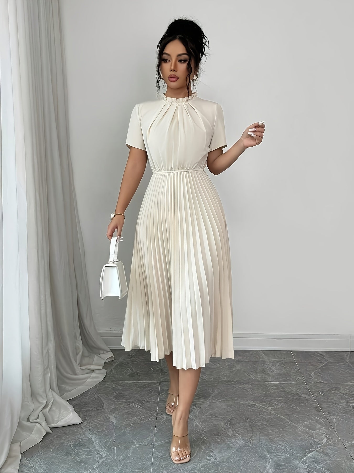 ZLLZ Trendy Summer New Style Women'S Solid Color Teardrop Back Collar Light Luxury Pearl Button Decoration with Waist-Cinching Pleated A-Line Design, Fashionable And, Women'S Fashion Dress Party Elegant Style Dress