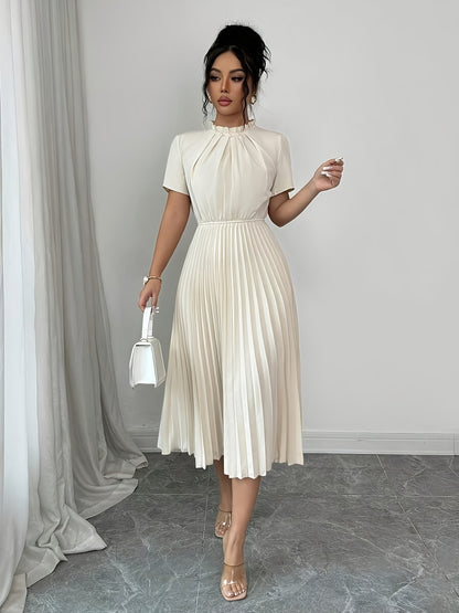 ZLLZ Trendy Summer New Style Women'S Solid Color Teardrop Back Collar Light Luxury Pearl Button Decoration with Waist-Cinching Pleated A-Line Design, Fashionable And, Women'S Fashion Dress Party Elegant Style Dress