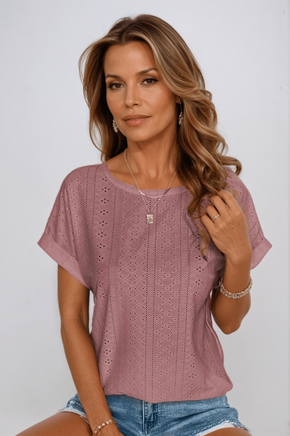 Effortless Eyelet Blouse for Women with Crew Neck Cuffed Short Sleeve Relaxed Casual Style