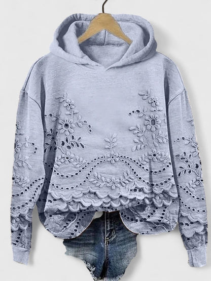 Effortless Floral Eyelet Hoodie for Women with Long Sleeve Scalloped Hem Cropped Casual Style