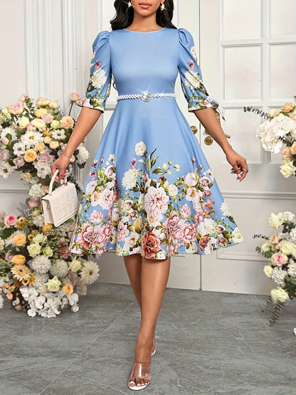Summer Elegant Orienteering Style Floral Print Round Neck Bubble Short Sleeve Bow Women'S A-Line Dress