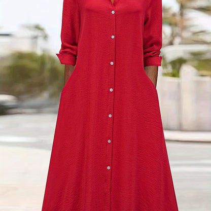 Elegant Button Front Shirt Dress for Women with Collar Long Sleeve A Line Flowing Style