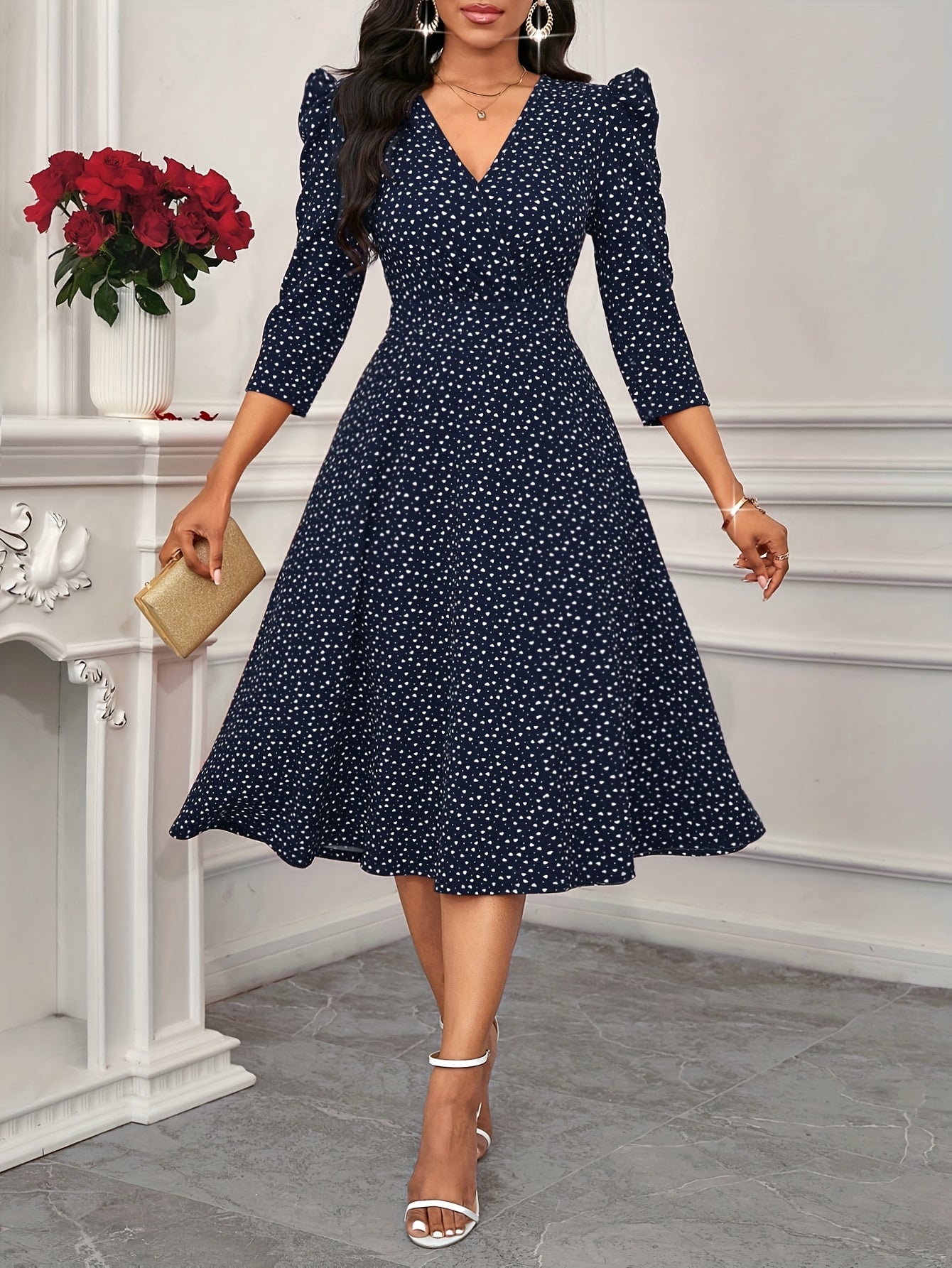 2026 New Valentine's Day/New Year Party/Suitable for Daily Work Wear/Suitable for All Seasons Elegant Fashion Versatile Daily Date V-Neck 3/4 Sleeve Waist Flared Long Red and Blue Women's Elegant Dress, Women's Polka Dot Small Heart Print Dress
