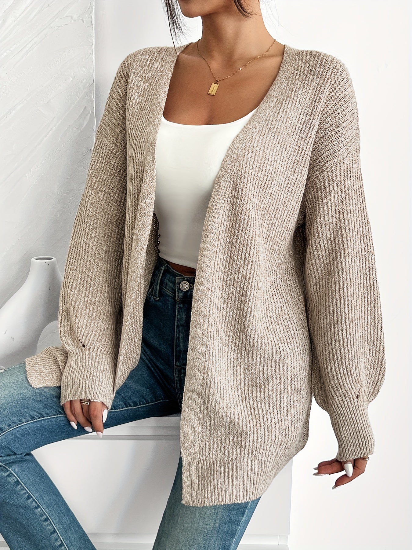 Comfortable Light Yellow Cardigan Sweater for Women with Open Front Balloon Sleeve Oversized Knit Style