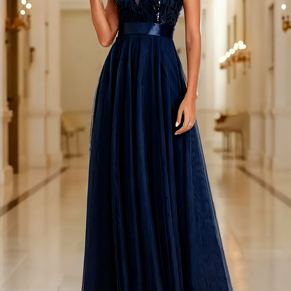 Fashionable Sexy New Women'S Sequin Mesh Patchwork A-Line Party Dress