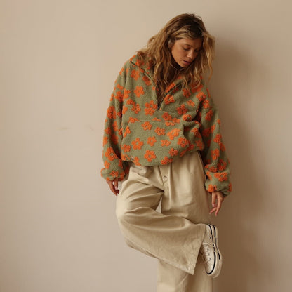 Comfortable Floral Sherpa Pullover for Women with Collar Quarter Zip Long Sleeve Oversized Style