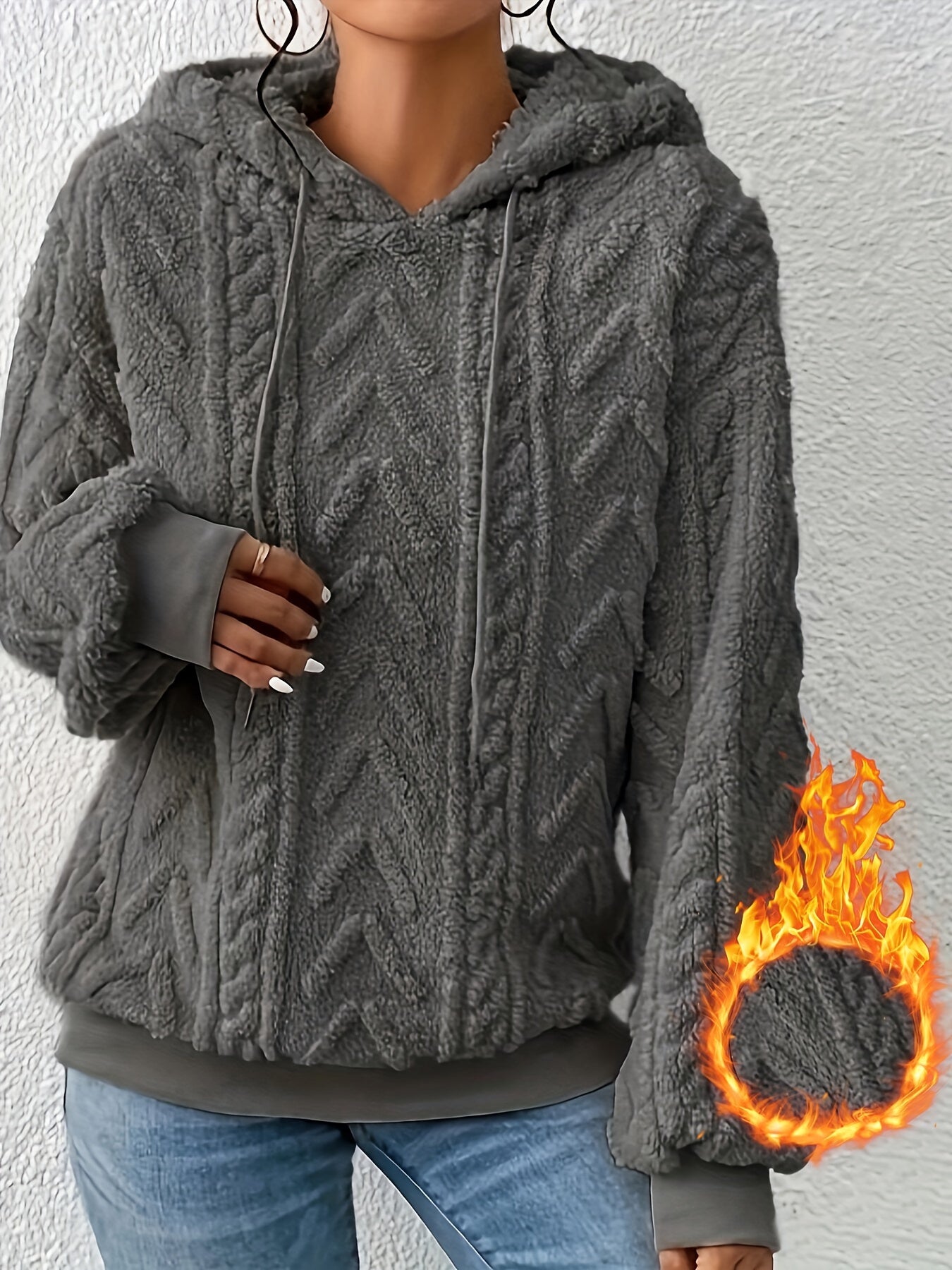 Comfortable Cable Knit Fleece Hoodie for Women with Drawstring Hood Long Sleeve Oversized Cozy Style