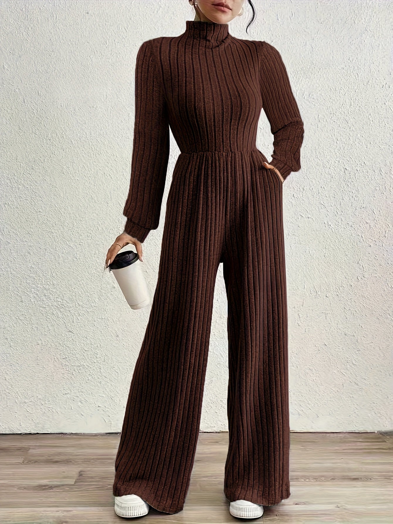 Comfortable Ribbed Knit Wide Leg Jumpsuit for Women with High Neck Long Sleeve Relaxed Pocket Style