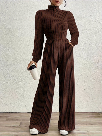 Comfortable Ribbed Knit Wide Leg Jumpsuit for Women with High Neck Long Sleeve Relaxed Pocket Style