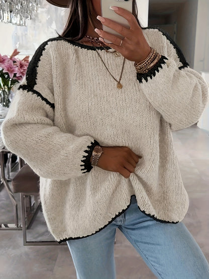 Solid Boat Neck Pullover Sweater, Women'S Casual Long Sleeve Loose Contrast Sweater