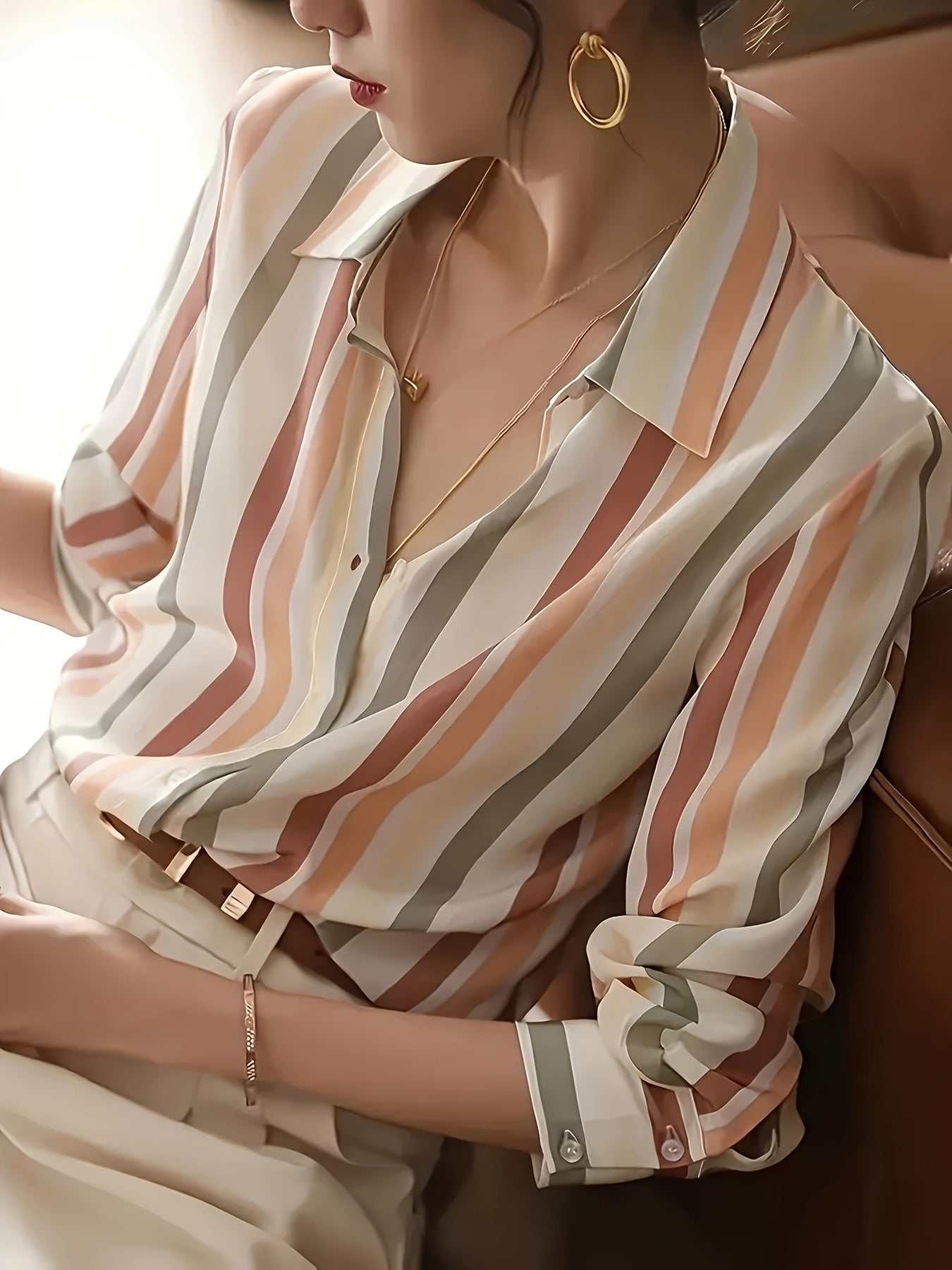 Effortless Striped Chiffon Blouse for Women with Collar Long Sleeve Button Front Relaxed Silky Style