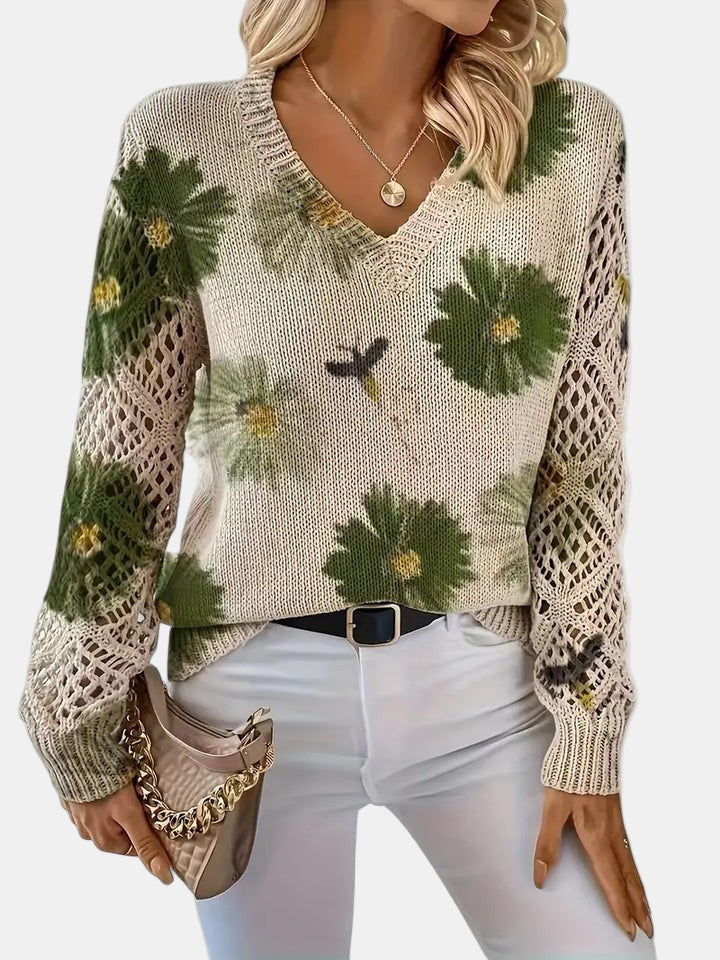 Comfortable Floral Crochet Sweater for Women with V Neck Balloon Sleeve Lace Panel Oversized Knit Style