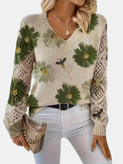 Comfortable Floral Crochet Sweater for Women with V Neck Balloon Sleeve Lace Panel Oversized Knit Style