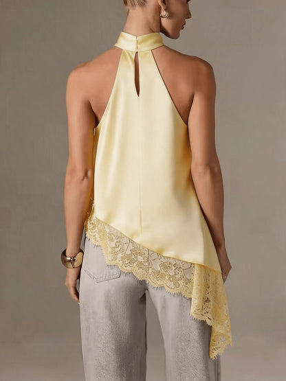 Elegant Satin Halter Top for Women with High Neck Sleeveless Lace Trim Asymmetric Flowing Style