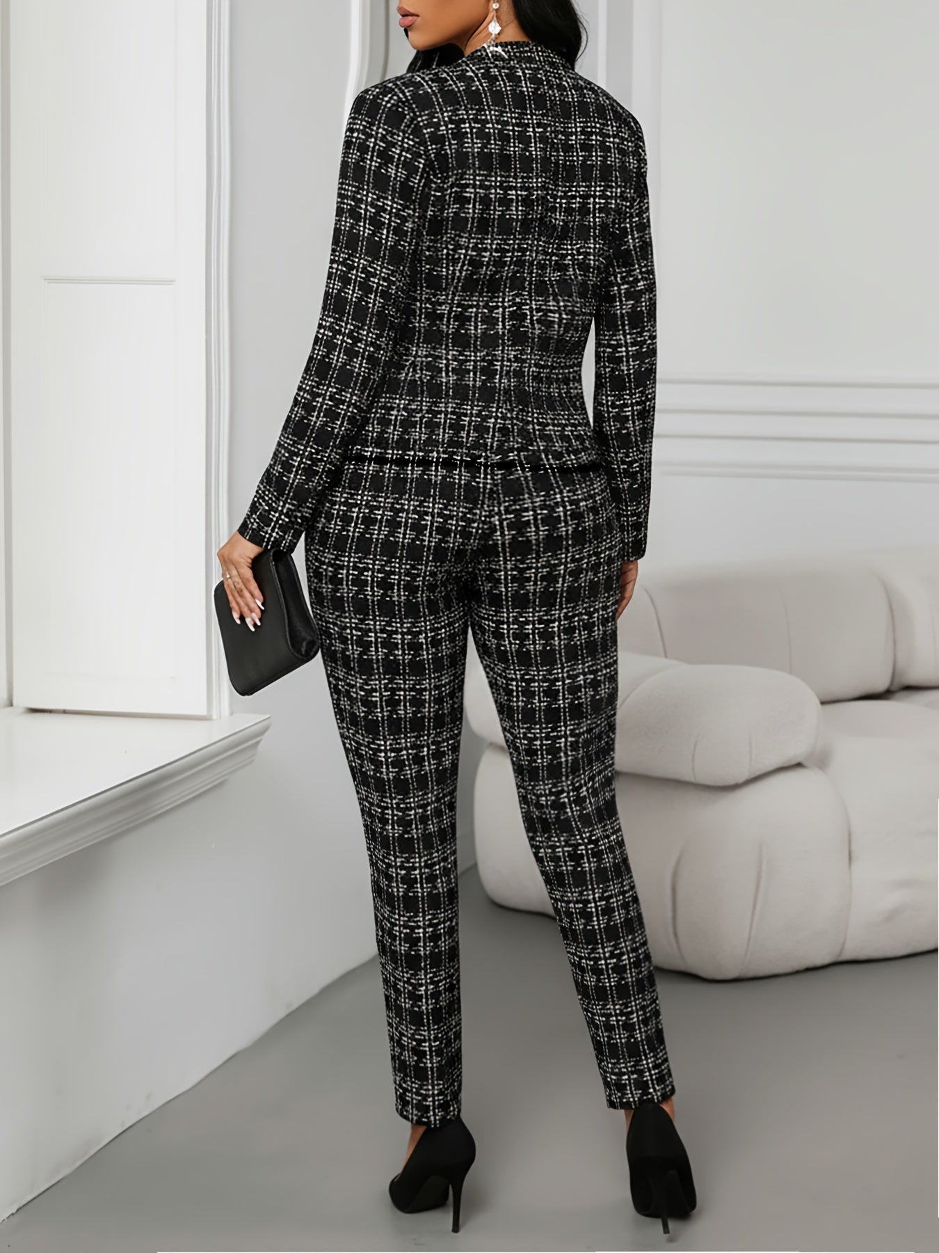 Elegant Plaid Two Piece Set for Women with Open Front Button Jacket Skinny Pant Formal Style