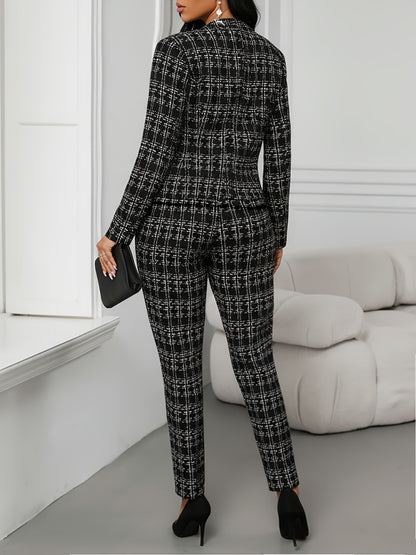 Elegant Plaid Two Piece Set for Women with Open Front Button Jacket Skinny Pant Formal Style