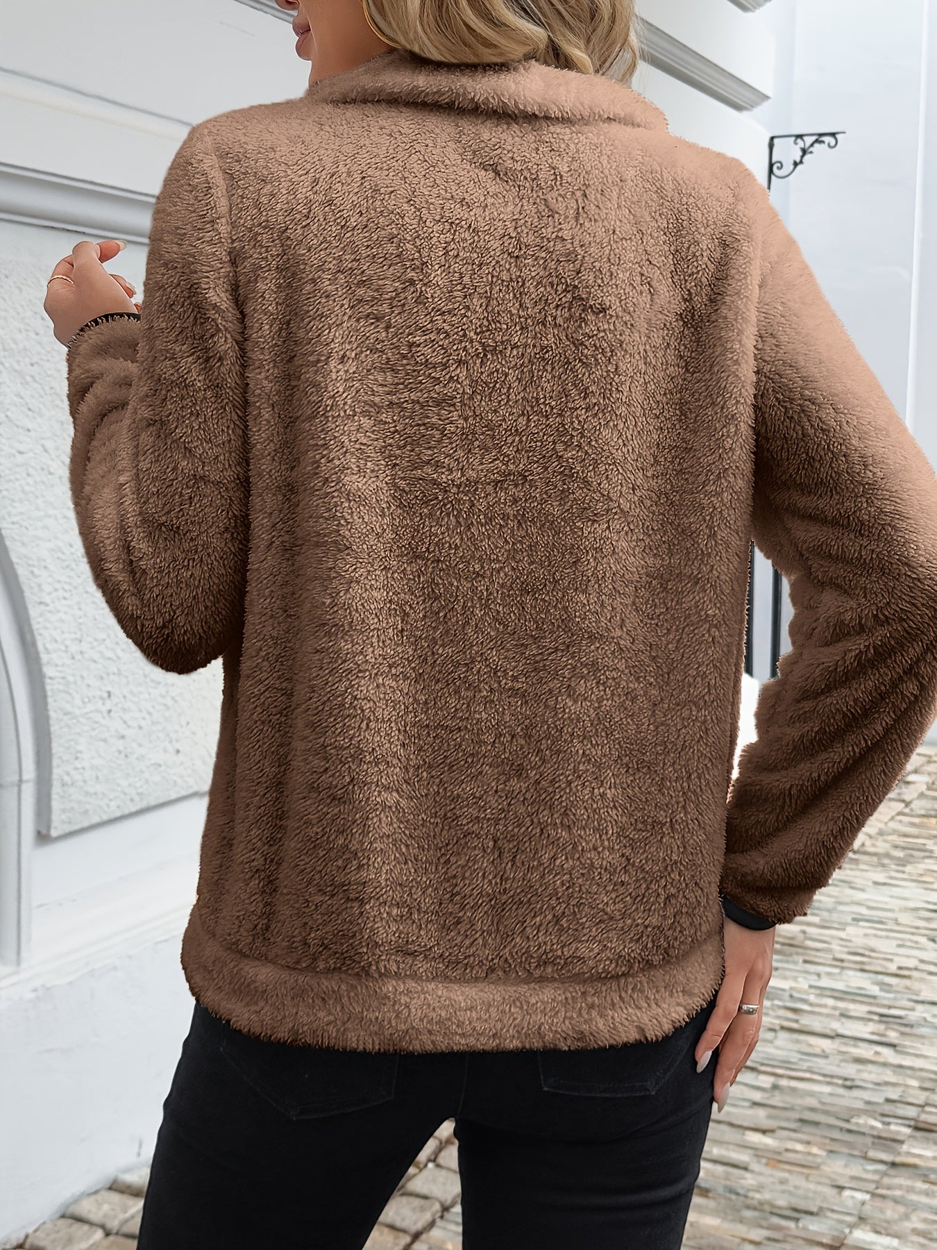 Contrast Trim Kangaroo Pocket Pullover Sweatshirt, Casual Fuzzy Long Sleeve Zip Front Sweatshirt For Fall & Winter, Women's Clothing