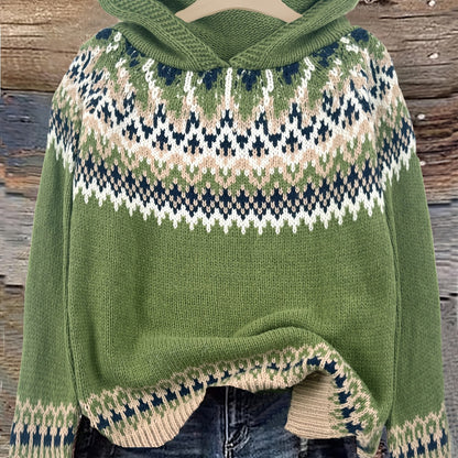 Comfortable Fair Isle Sweater for Women with Hooded Long Sleeve Relaxed Oversized Knit Style