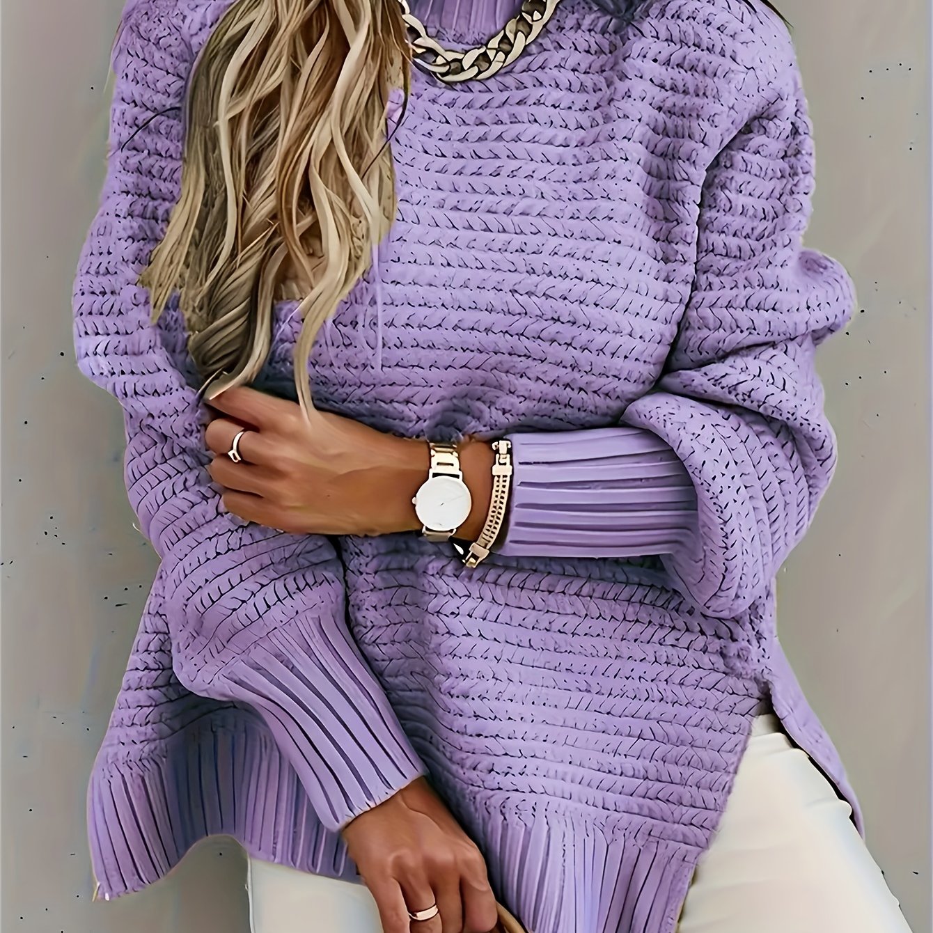 Comfortable Textured Knit Sweater for Women with High Neck Long Sleeve Relaxed Oversized Style