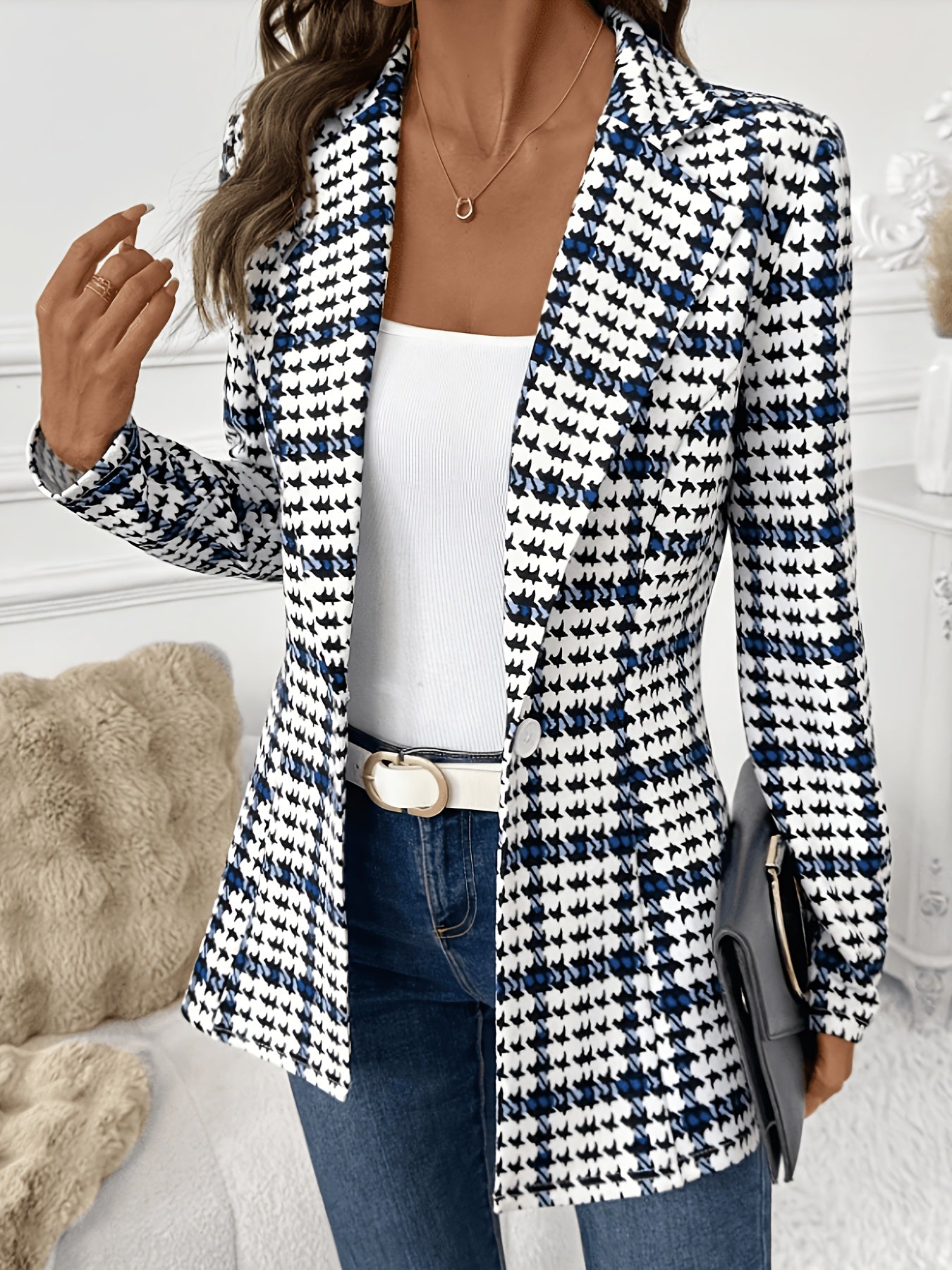 Elegant Black and Blue Houndstooth Blazer for Women with Notched Collar Long Sleeve Tailored Single Button Casual Style