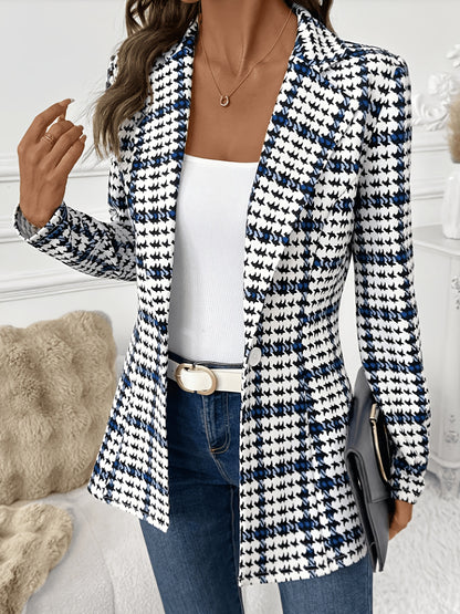 Elegant Black and Blue Houndstooth Blazer for Women with Notched Collar Long Sleeve Tailored Single Button Casual Style