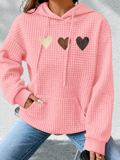 Comfortable Heart Print Waffle Knit Hoodie for Women with Hooded Long Sleeve Kangaroo Pocket Oversized Style