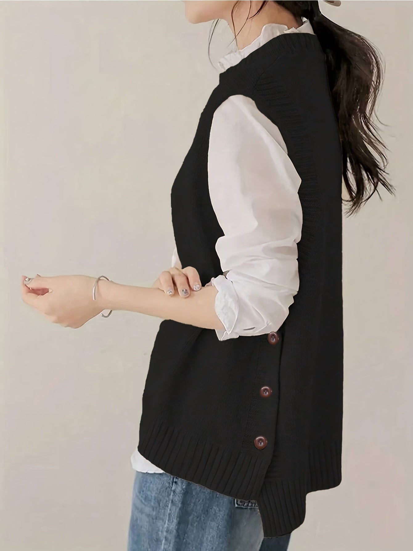 Comfortable Ribbed Knit Sweater Vest for Women with Mock Neck Sleeveless Side Button Relaxed Style