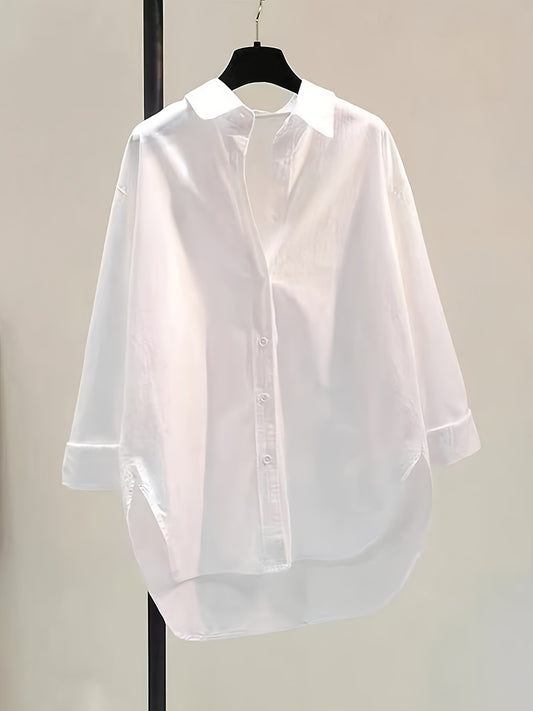 Effortless Cotton Blouse for Women with Point Collar Long Sleeve High Low Oversized Style
