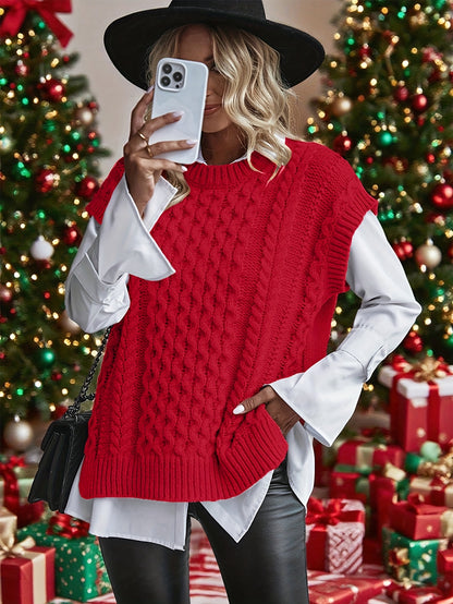 Comfortable Cable Knit Sweater Vest for Women with Crew Neck Sleeveless Chunky Oversized Style