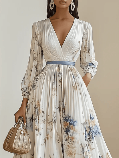 Elegant White Floral Maxi Dress for Women with V Neck Long Sleeve Pleated Belted Flowing Style