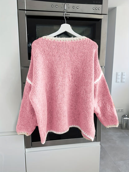 Solid Boat Neck Pullover Sweater, Women'S Casual Long Sleeve Loose Contrast Sweater