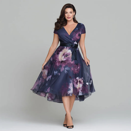 Elegant Navy Blue Floral Midi Dress for Women with V Neck Cap Sleeve Wrap Tie Waist Flowing Style