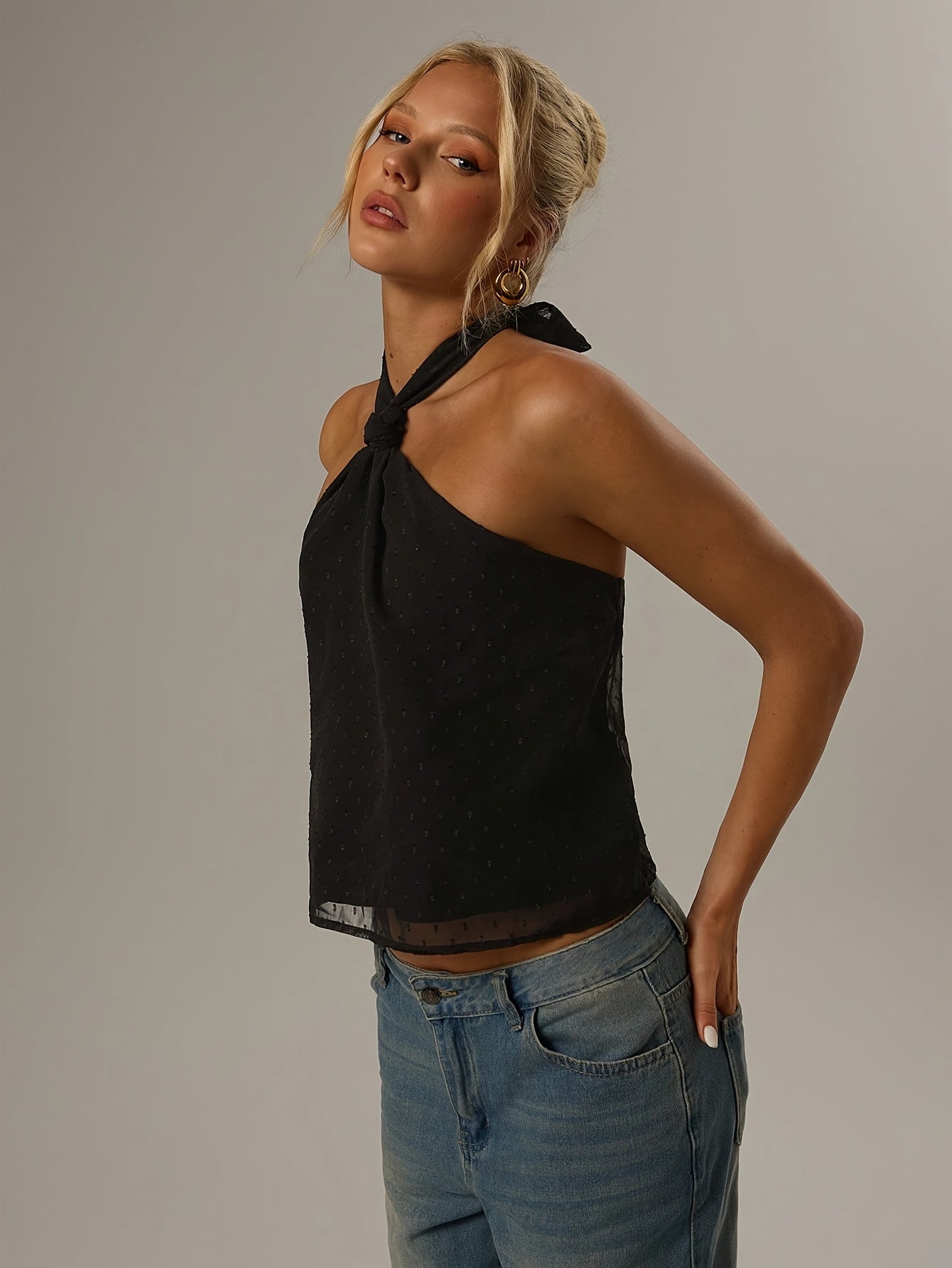 Effortless Black Swiss Dot Blouse for Women with Halter Neck Backless Bow Tie Flowing Tank Style