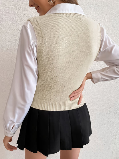 Comfortable Cable Knit Sweater Vest for Women with V Neck Sleeveless Ribbed Hem Preppy Style