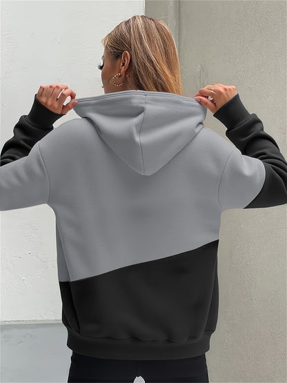 Women's Color-Block Hooded Sweatshirt with Heart & Letter Print - 100% Polyester Casual Pullover, Relaxed Fit, Machine Washable, Fall Winter Fashion