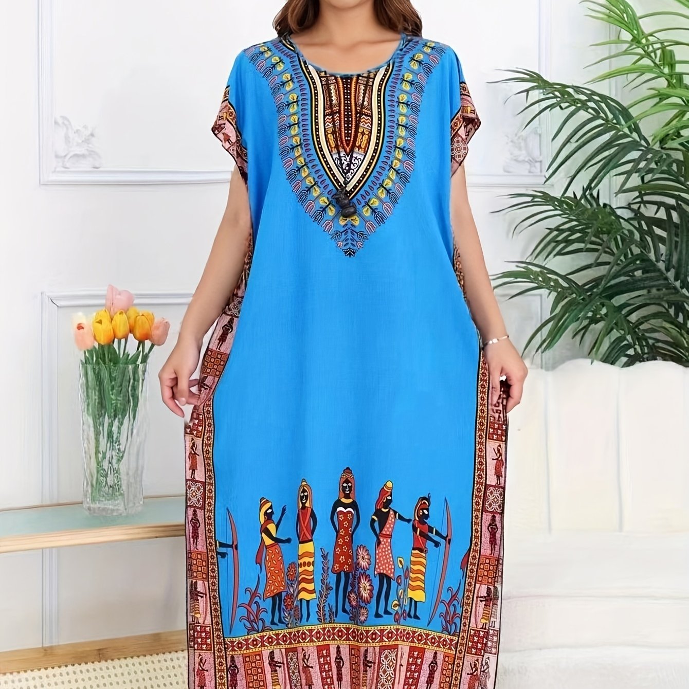 Effortless Tribal Print Kaftan Dress for Women with V Neck Short Sleeve Flowing Bohemian Style