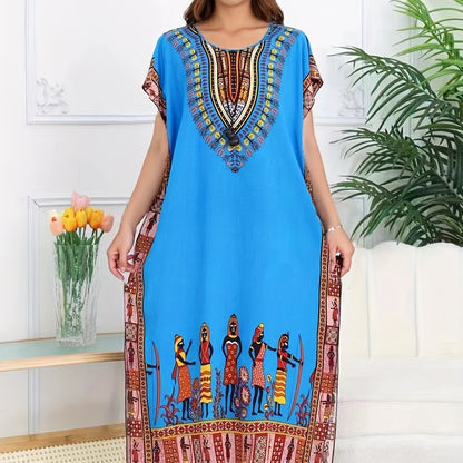 Effortless Tribal Print Kaftan Dress for Women with V Neck Short Sleeve Flowing Bohemian Style