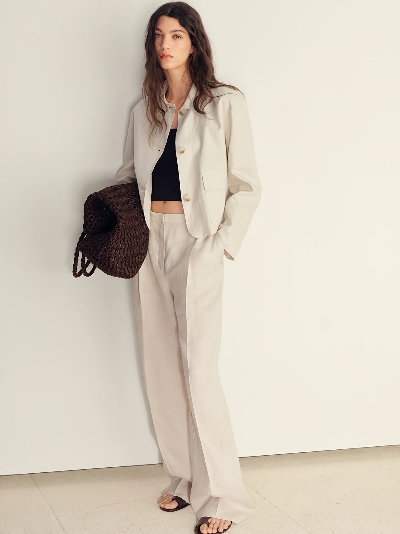 Elegant Apricot Wide Leg Set for Women with Collar Long Sleeve Button Front Two Piece Style