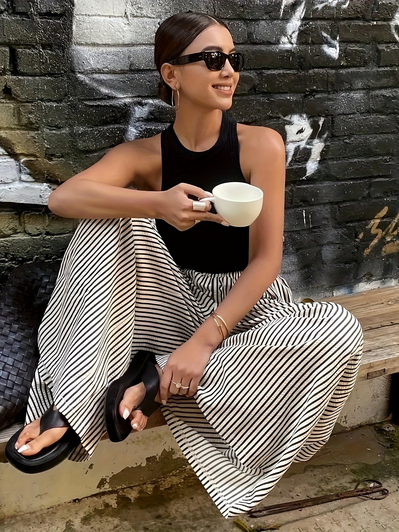 Effortless Apricot Striped Wide Leg Pants for Women with High Waist Elastic Waistband Flowing Relaxed Style