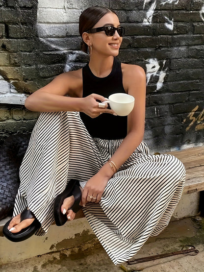 Effortless Apricot Striped Wide Leg Pants for Women with High Waist Elastic Waistband Flowing Relaxed Style
