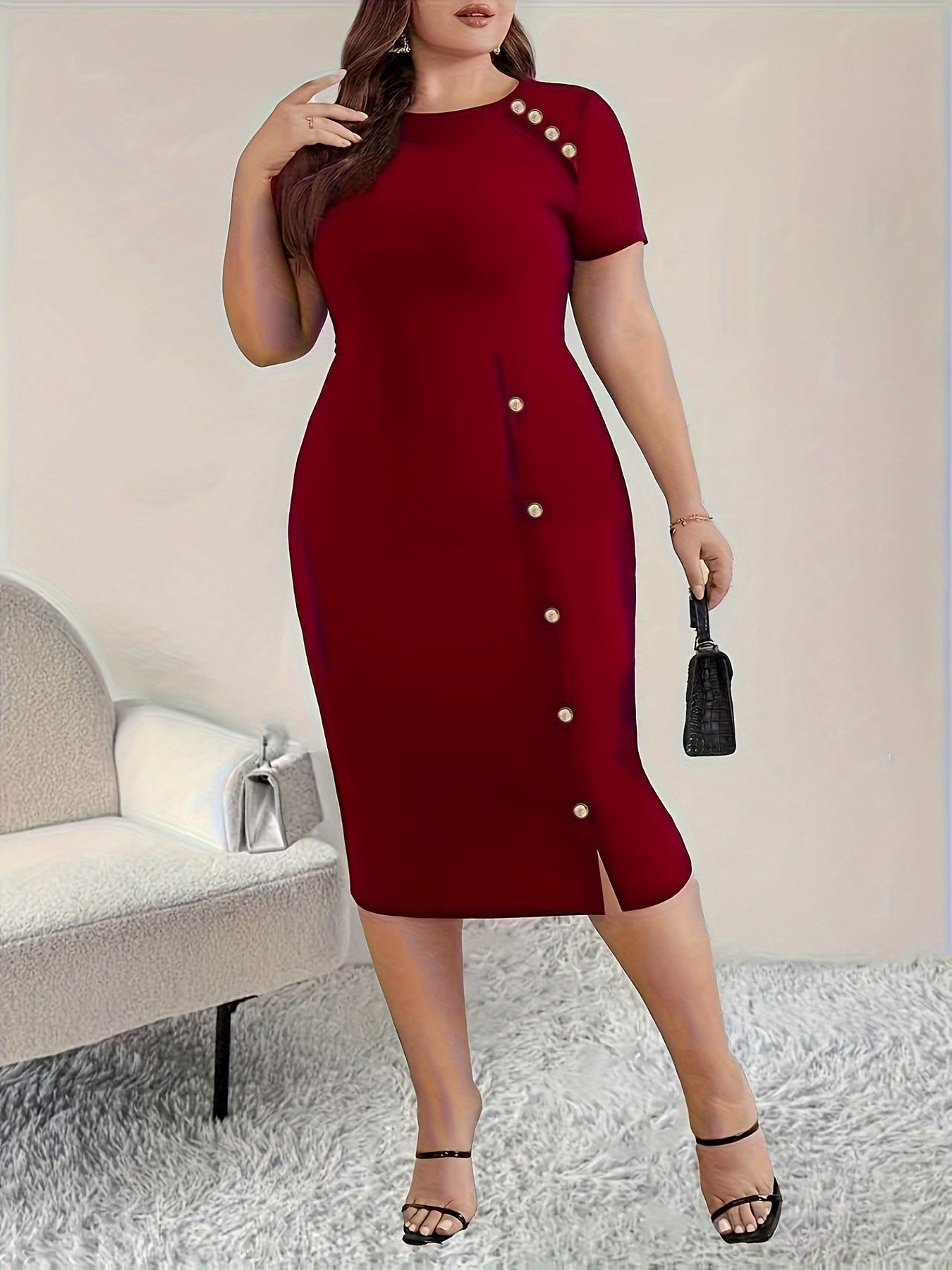 Plus Size - Plus Size - New Spring And Summer Solid Color Round Neck Buttoned Fitted Short Sleeve Stretchy Split Bodycon Dress