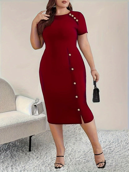 Plus Size - Plus Size - New Spring And Summer Solid Color Round Neck Buttoned Fitted Short Sleeve Stretchy Split Bodycon Dress