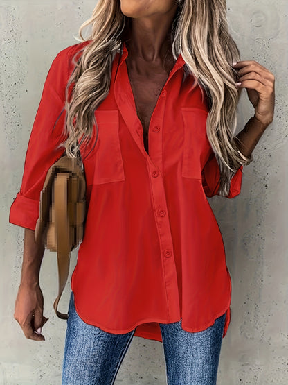 Solid Color Button-Up Long Sleeve Shirt for Women