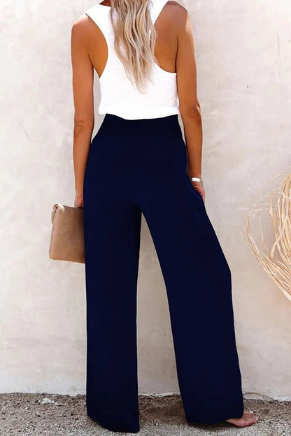 Effortless Wide Leg Pants for Women with High Waist Smocked Button Front Relaxed Style
